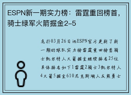 ESPN新一期实力榜：雷霆重回榜首，骑士绿军火箭掘金2-5
